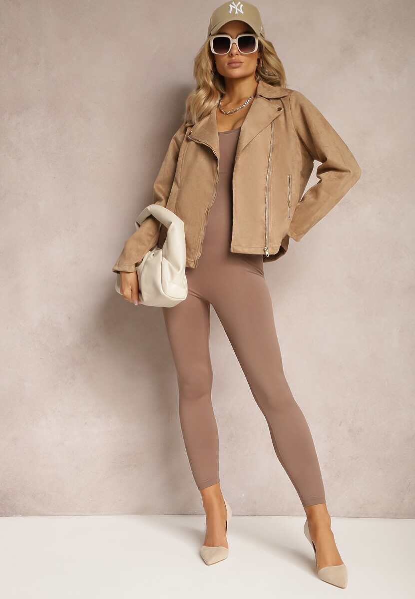 Brązowa Asymetryczna Kurtka Ramoneska  z Imitacji Zamszu Kmiya