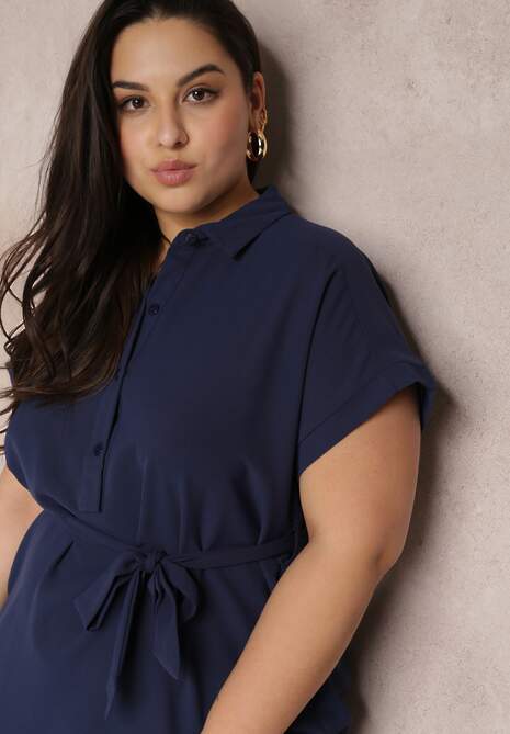 Granatowa Sukienka Koszulowa Wiązana w Pasie z Krótkimi Rękawami Wellwood