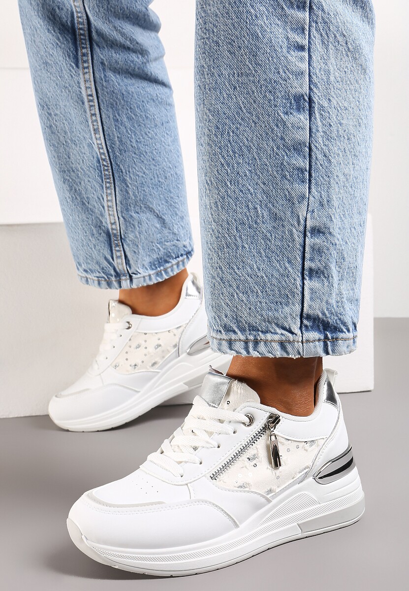 Biało-Srebrne Sneakersy na Koturnie z Ozdobną Wstawką z Suwakiem i Sznurowaniem Dastas