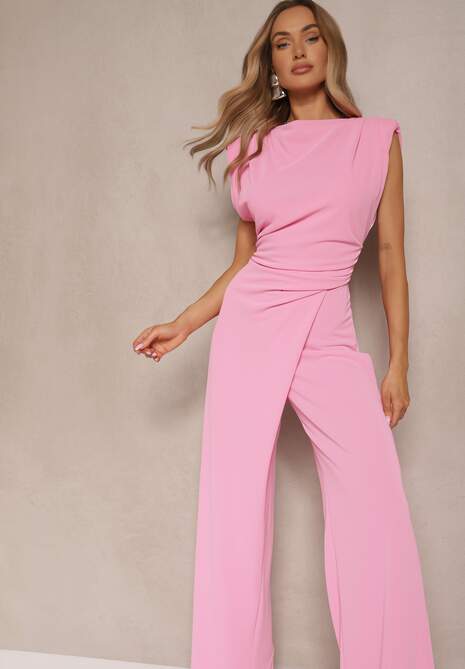 Różowy Kombinezon Bez Rękawów z Szeroką Nogawką i Marszczeniem Sepellia