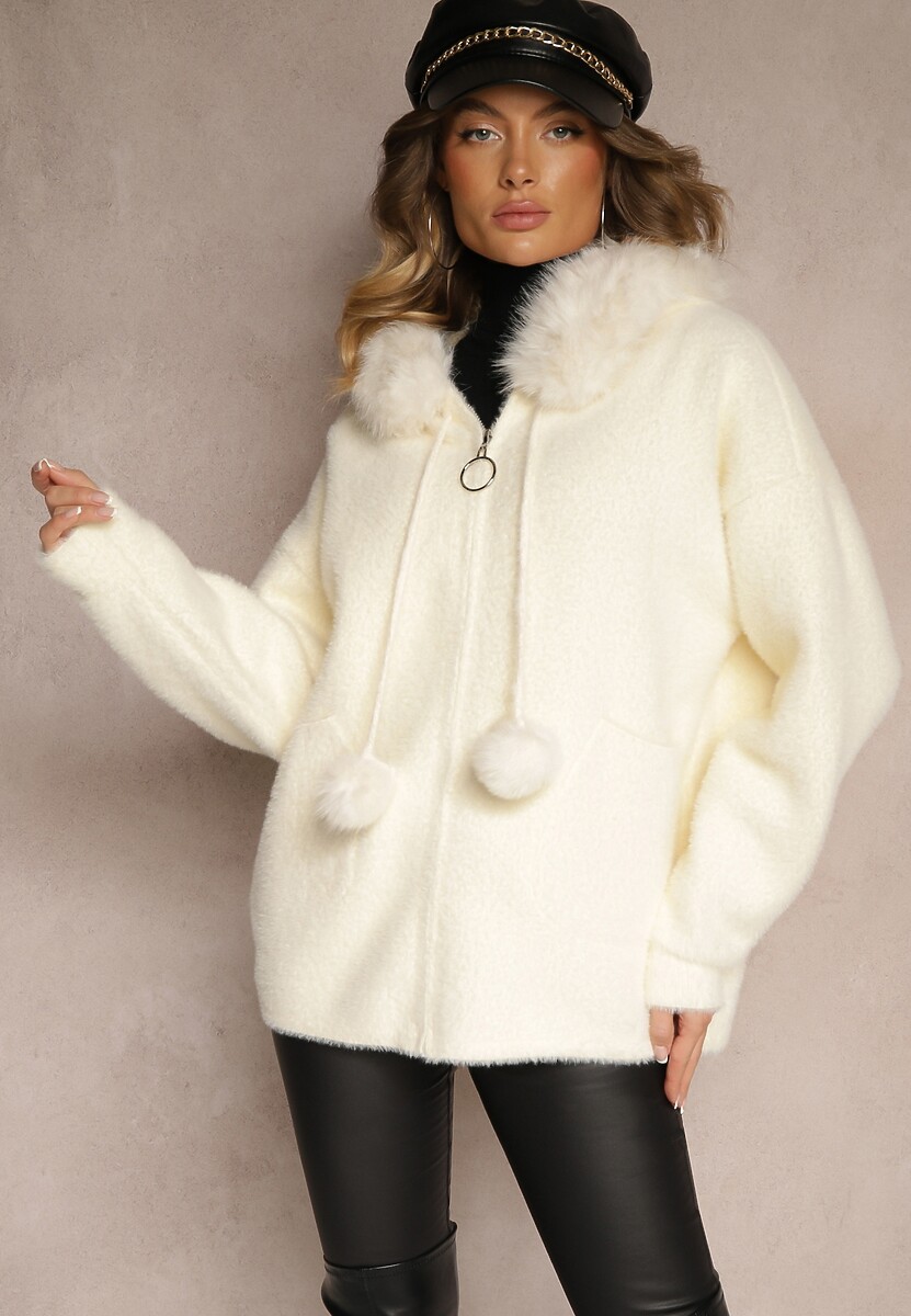 Beżowa Bluza z Wełną Wiskozą Kapturem Odpinanym Futerkiem i Pomponami Delailith