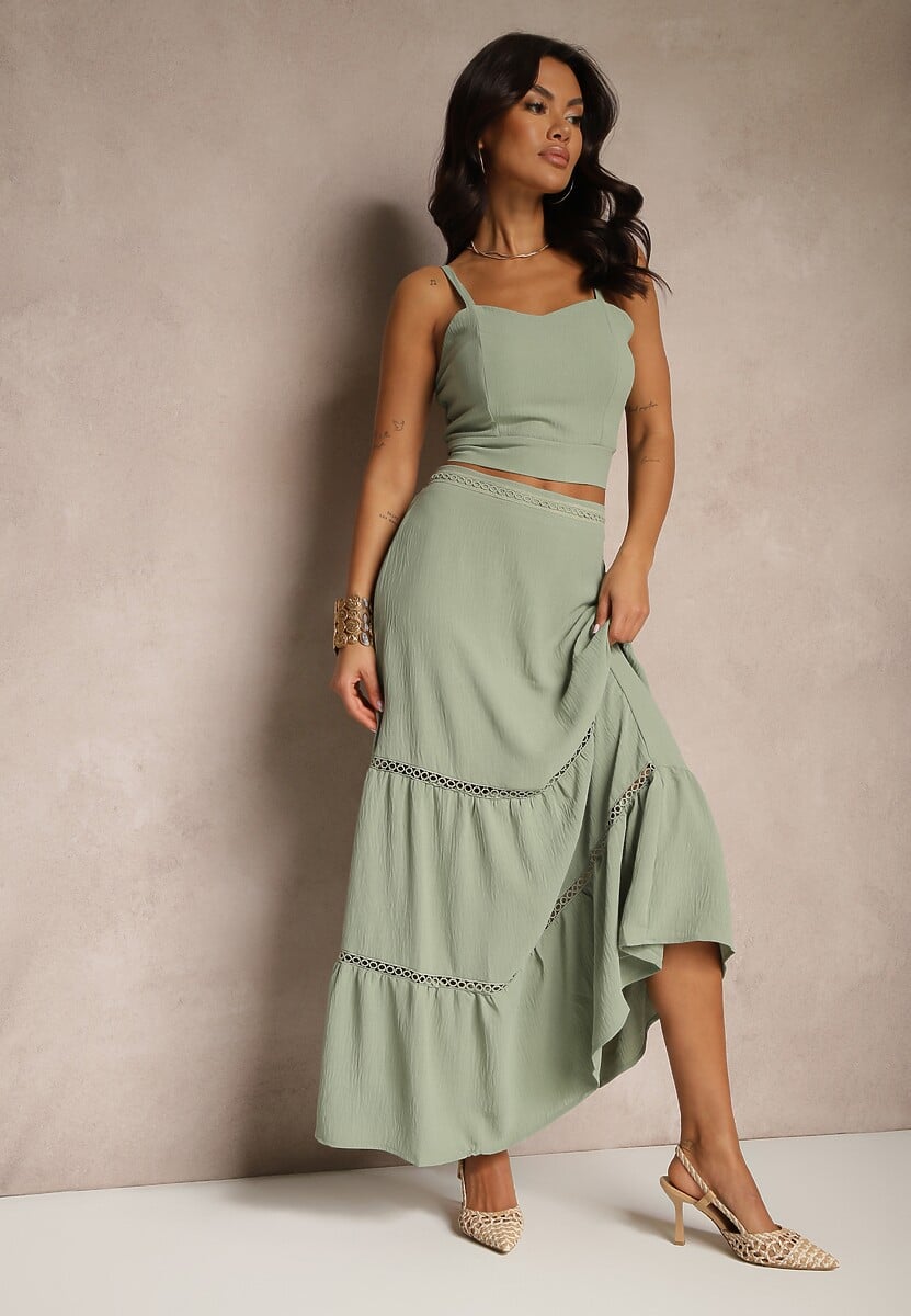 Zielony Komplet Top na Ramiączkach i Rozkloszowana Spódnica Amurra