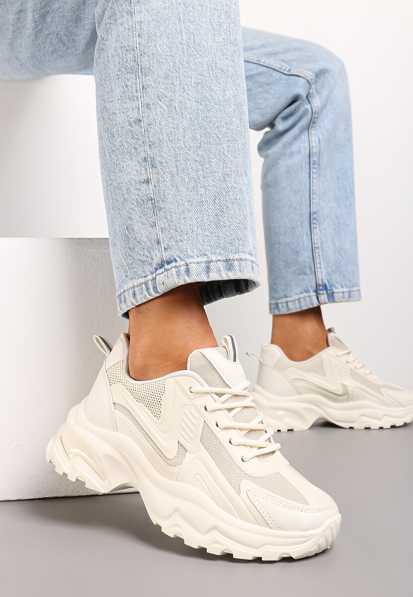 Ciemnobeżowe Sneakersy z Grubą Podeszwą ze Sznurowaniem i Siateczkowymi Wstawkami Lenivia