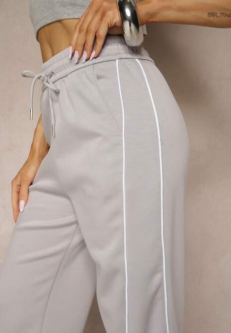 Jasnoszare Spodnie Dresowe z Bawełną o Szerokim Kroju High Waist z Paskami Salliara