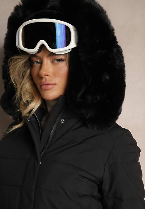 Czarna Zimowa Kurtka z Pikowanymi Przeszyciami Kapturem z Futerkiem i Paskiem w Talii Hetisha