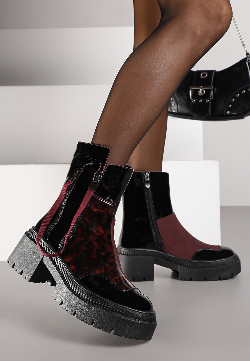 Czarne Botki Lakierowane Vices Ozdobione Tasiemką Rotine