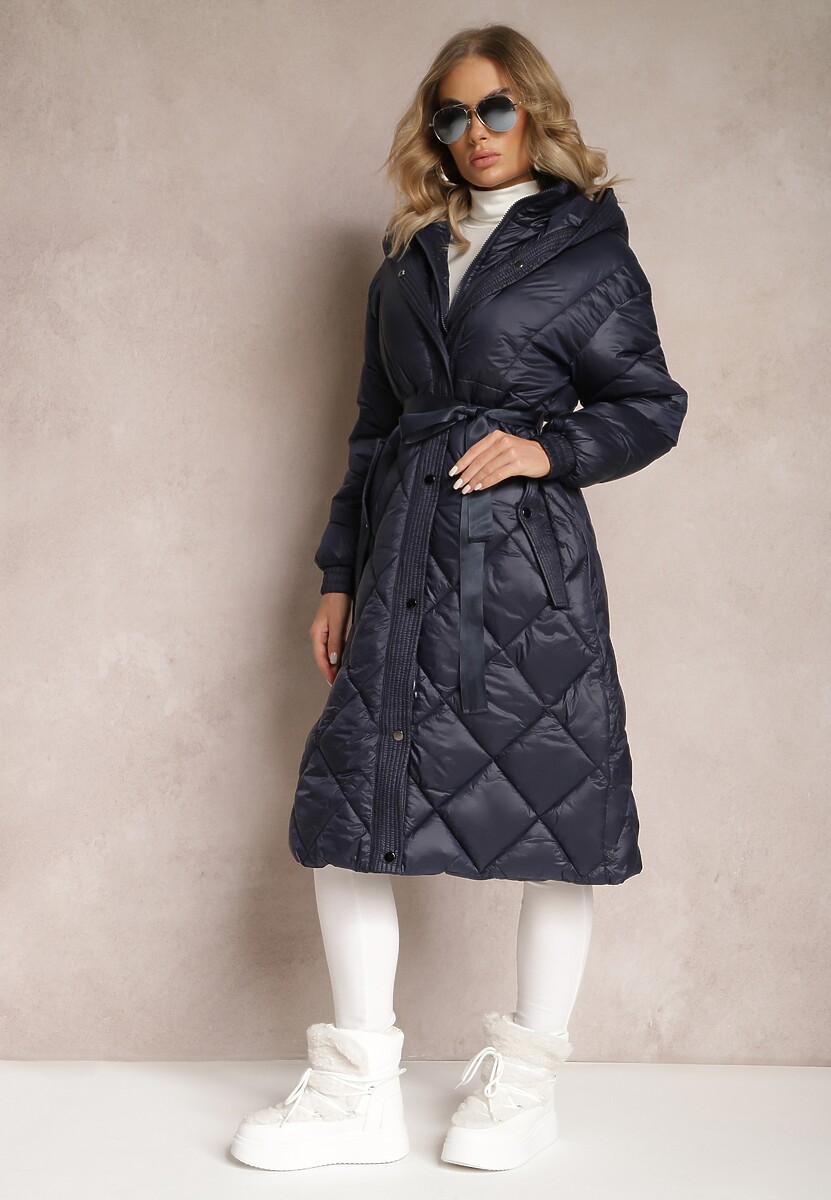 Ciemnozielona Kurtka za Kolano Pikowana z Wiązanym Paskiem Cealia