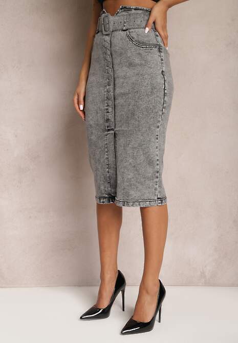 Szara Jeansowa Spódnica Ołówkowa Midi z Guzikami i Rozcięciem Jackiesa
