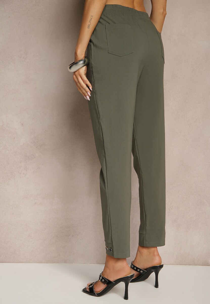 Ciemnozielone Spodnie z Wiskozą High Waist i Ozdobnymi Napami Redaira