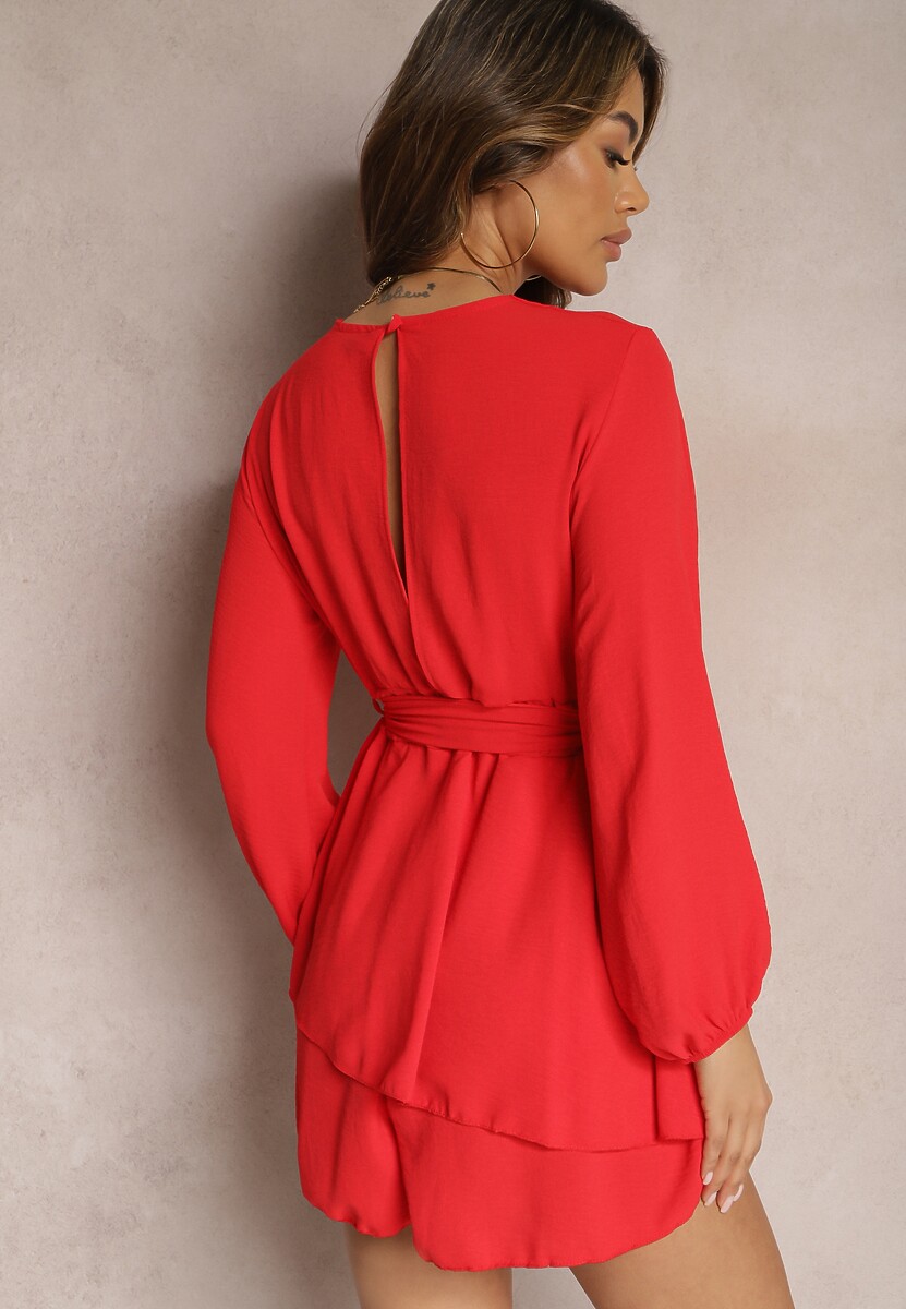Czerwona Rozkloszowana Sukienka Kombinezon z Kopertowym Dekoltem i Falbanką Vomitta