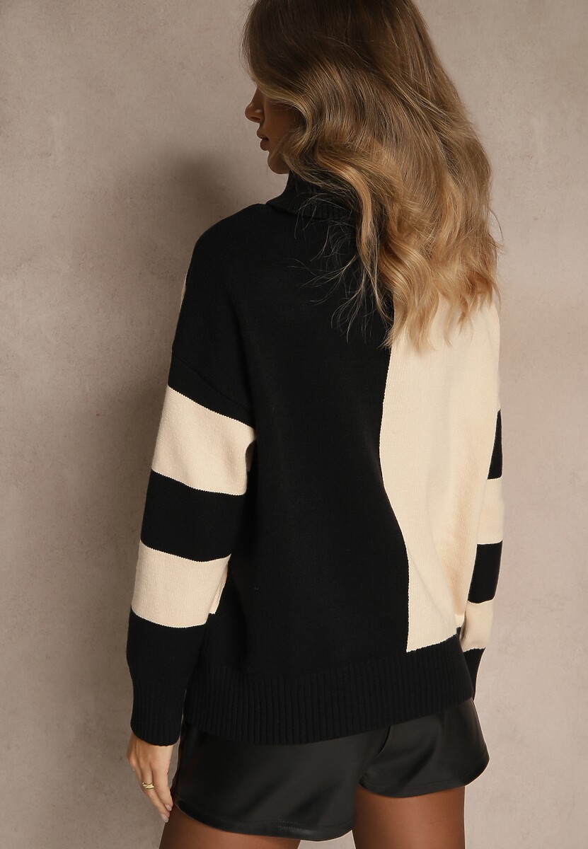 Czarno-Beżowy Golf w Geometryczny Wzór w Paski Rallessia