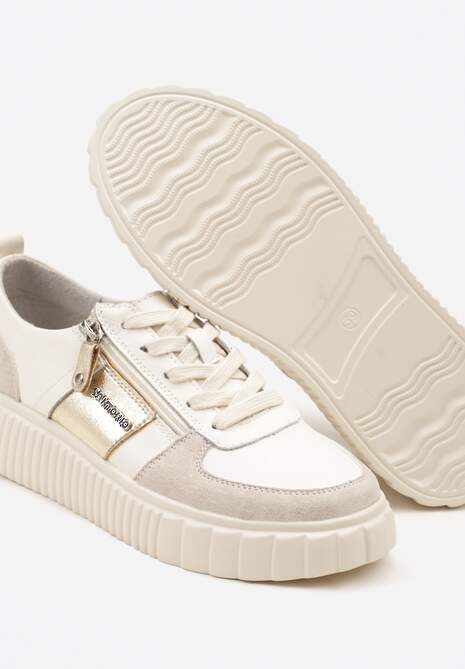 Beżowe Sneakersy ze Skóry Naturalnej z Metalicznym Zdobieniem Zorentee
