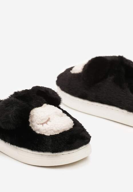 Czarne Kapcie na Grubej Podeszwie Wykończone Futrem i Aplikacją Imitującą Owieczkę Seathlin