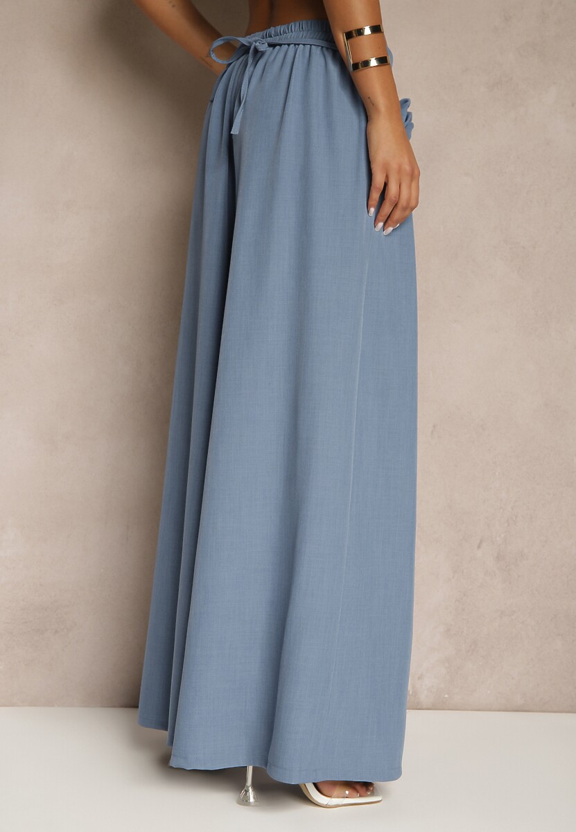 Niebieskie Spodnie Palazzo Ozdobione Broszką Kwiatem Lirace