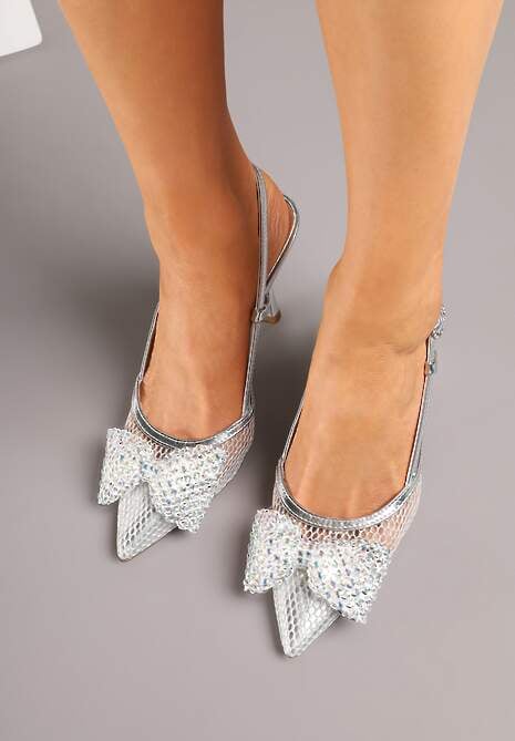 Srebrne Sandały Siateczkowe Vices na Szpilce Zdobione Kokardą i Cekinami Reandra