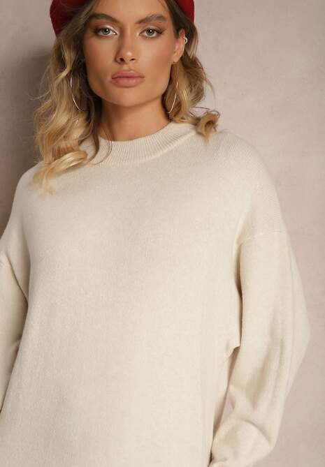 Jasnobeżowa Pudełkowa Sukienka z Dzianiny z Wiskozą Maziala