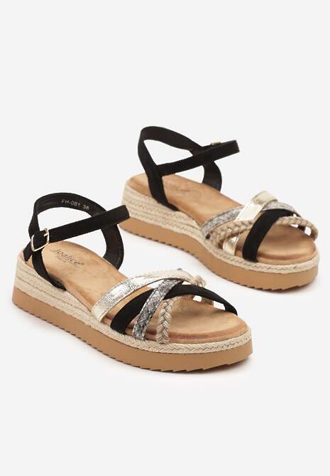 Czarne Sandały na Podeszwie Ozdobionej Plecionką Liathelia