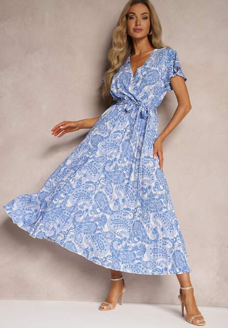 Niebieska Rozkloszowana Sukienka z Trójkątnym Dekoltem z Materiałowym Paskiem i Gumką w Talii Carimi