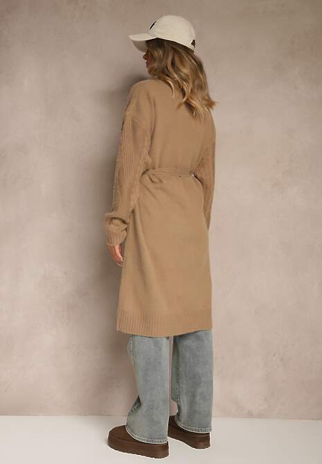 Brązowy Tłoczony Kardigan z Wełną o Kroju Bez Zapięć z Paskiem Dorrive