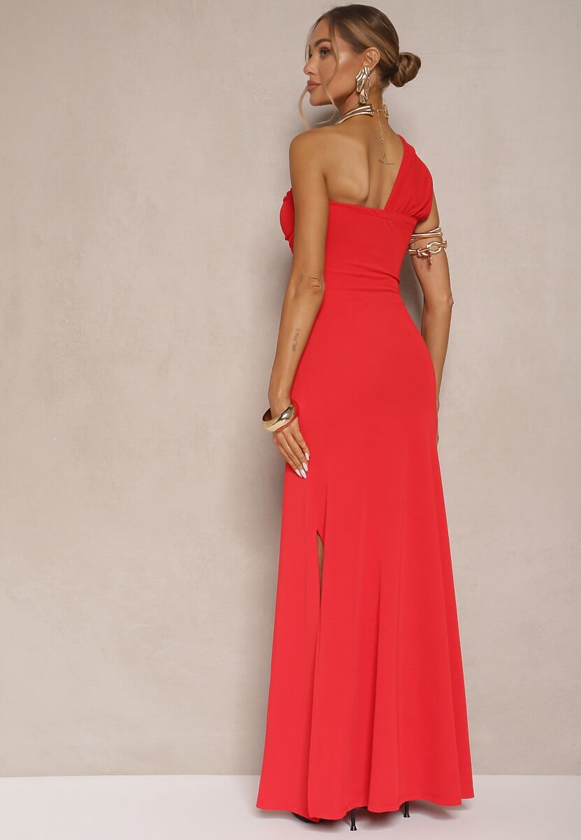 Czerwona Asymetryczna Sukienka Koktajlowa Ozdobiona Metaliczną Aplikacją Divianis