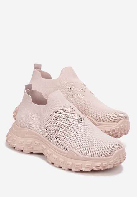 Beżowe Buty Sportowe na Grubej Podeszwie z Elastyczną Cholewką z Cyrkoniami Kolby