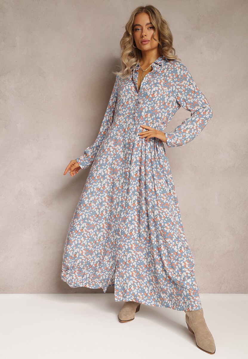 Niebieska Kwiecista Sukienka z Kołnierzem i Długimi Rękawami Nataski