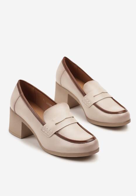 Beżowe Półbuty Typu Loafersy na Słupku ze Skórzaną Wkładką Meviquea