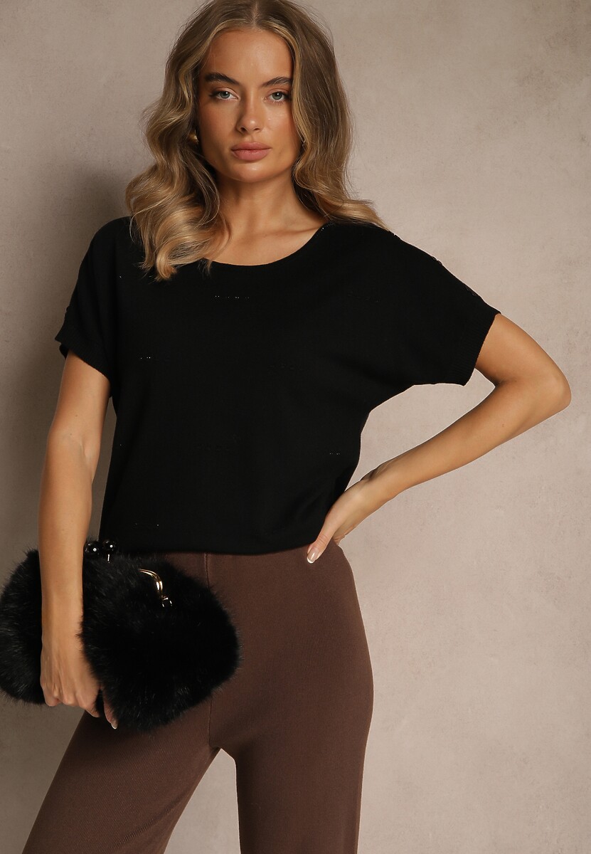 Czarna Dzianinowa Bluzka z Cyrkoniowymi Aplikacjami Fenellia