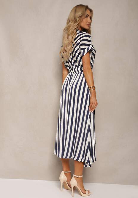 Biało-Granatowa Rozkloszowana Sukienka z Gumką w Talii i Guzikami z Printem w Paski Jentia