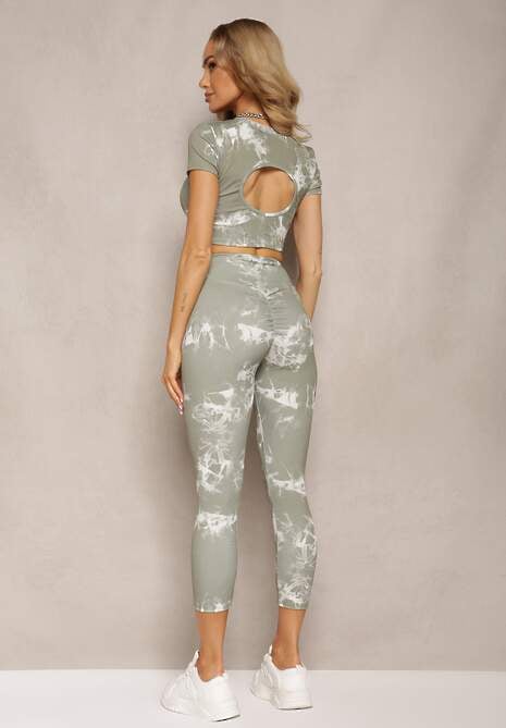 Zielony Komplet Sportowy z Printem Tie-Dye z Koszulą Cropped i Legginsami Davenia