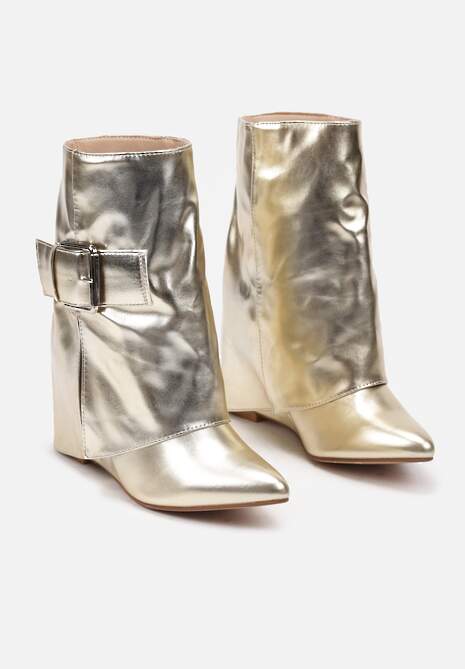 Złote Botki na Koturnie z Paskiem z Regulacją i Wywiniętą Cholewką Teritis