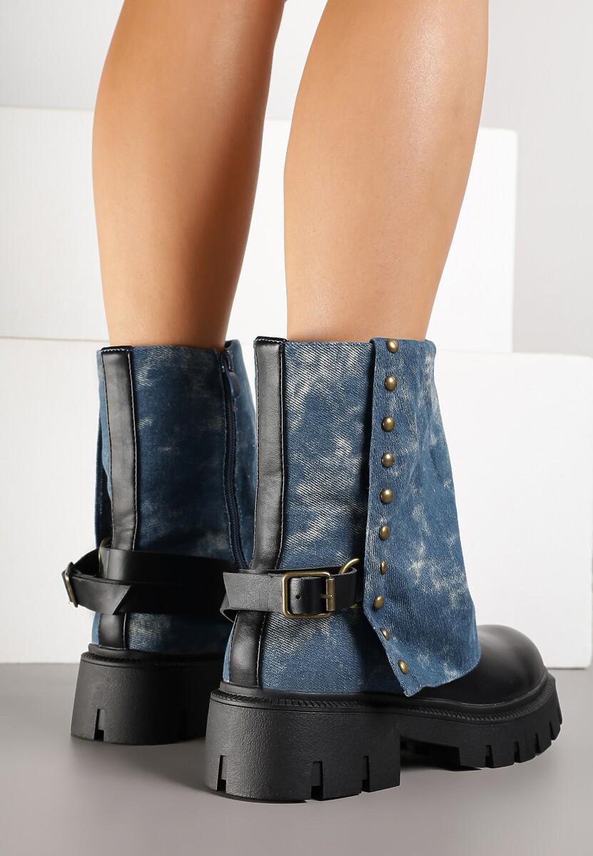 Czarno-Niebieskie Botki Ozdobione Klamrą i Wywiniętą Cholewką Ansone
