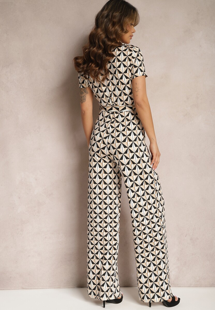 Czarno-Beżowy Długi Kombinezon Wiązany w Pasie z Kopertowym Dekoltem w Mozaikowy Wzór Maellias