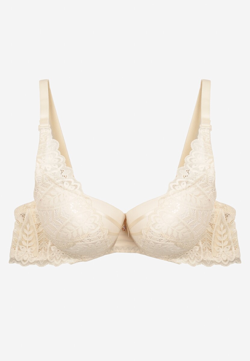 Beżowy Biustonosz z Efektem Push Up Ozdobiony Koronką Ivmeria