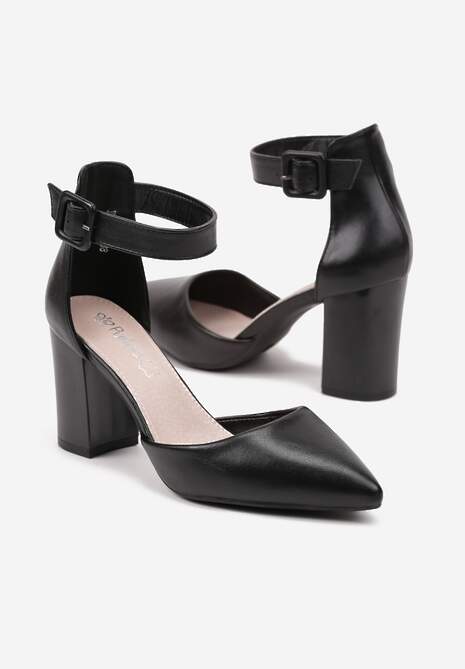 Czarne Czółenka na Słupku ze Skórzaną Wkładką i Paskiem przy Kostce Alorelle