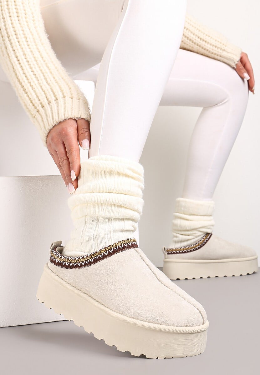 Beżowe Krótkie Śniegowce przed Kostkę na Platformie Noais