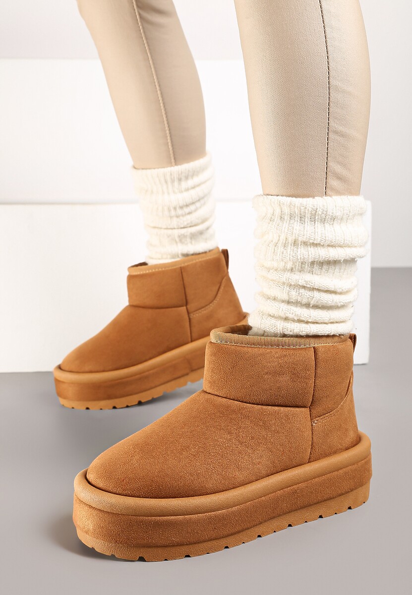 Brązowe Krótkie Śniegowce Wsuwane na Grubej Podeszwie Tinarella