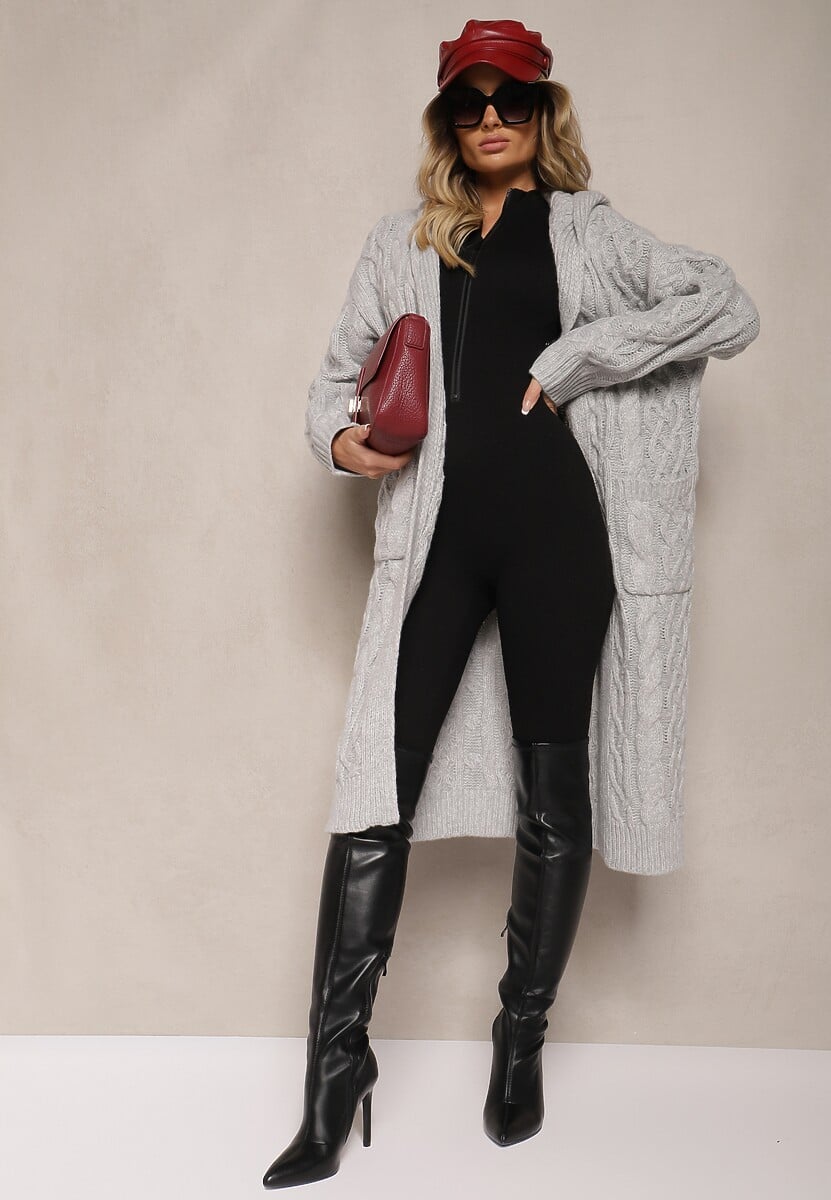 Jasnobeżowy Kardigan z Tłoczonej Dzianiny z Wełną i Wiskozą z Kapturem i Kieszeniami Vaileth