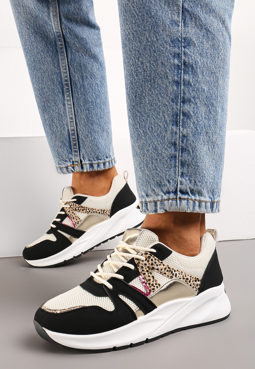 Czarno-Beżowe Sneakersy z Siateczkowymi i Metalicznymi Zdobieniami Detama