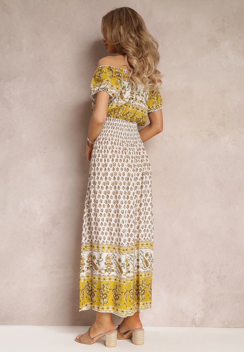 Żółta Sukienka Hiszpanka Maxi z Gumką w Pasie z Bawełny Eilena
