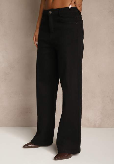 Czarne Bawełniane Jeansy High Waist z Szerokimi Nogawkami Leetie