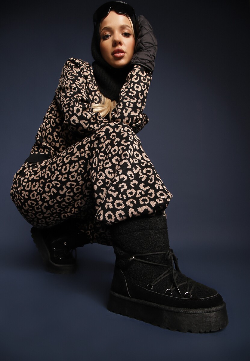 Czarne Futrzane Śniegowce na Platformie z Ozdobnym Wiązaniem Ebele