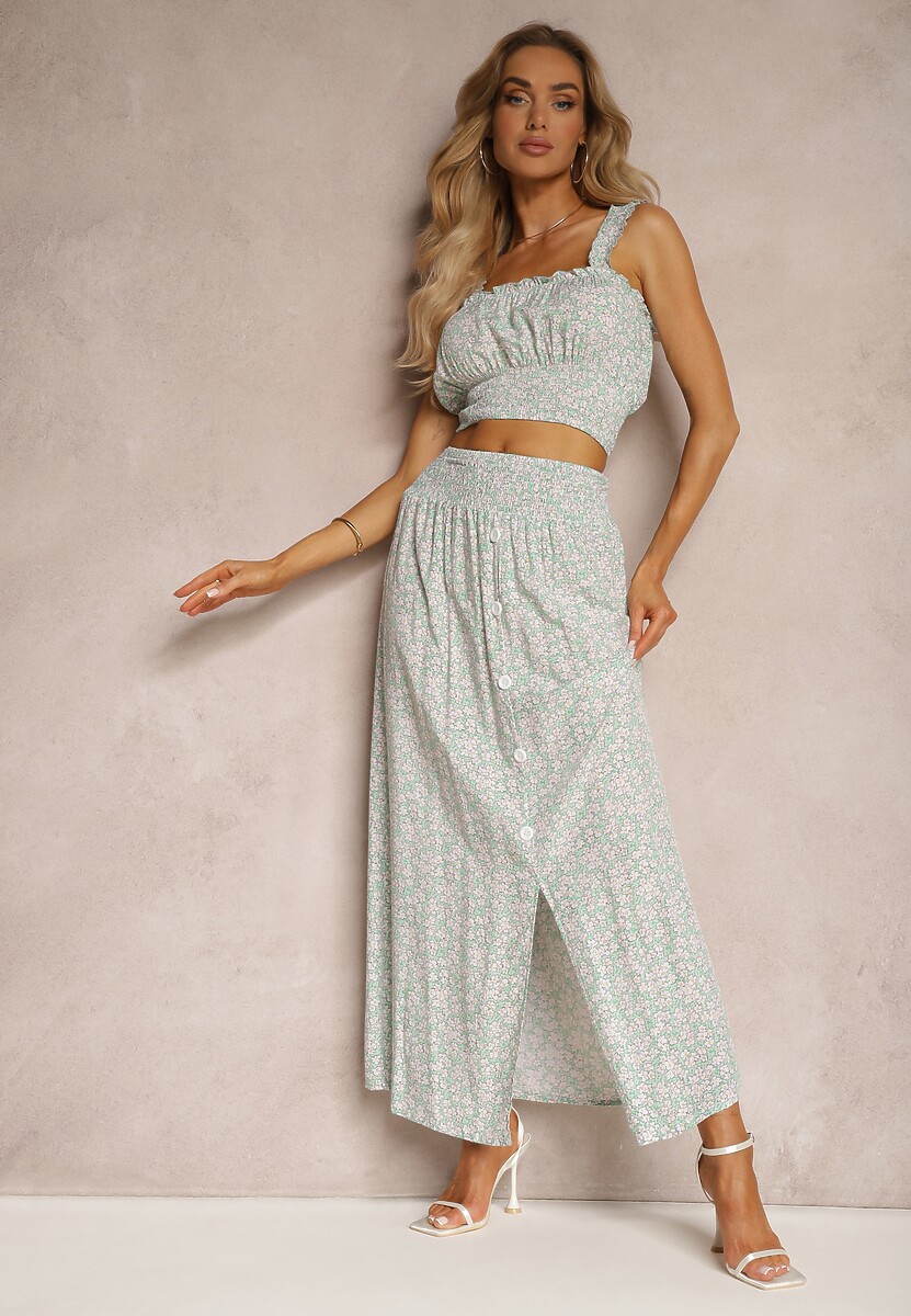 Niebieski Bawełniany Komplet Top na Ramiączkach Spódnica z Ozdobnymi Guzikami i Gumką w Pasie Elasea