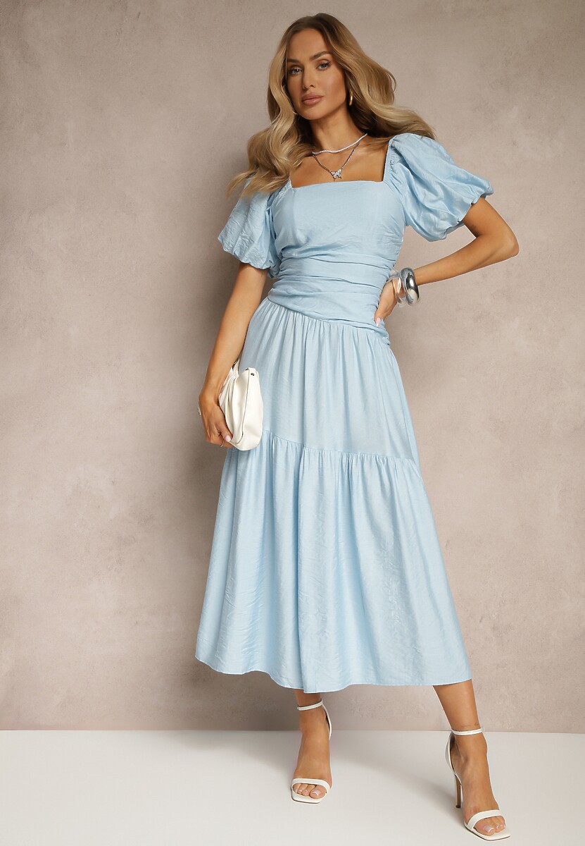 Niebieska Sukienka Wiskozowa Drapowana z Rozkloszowanym Dołem Naprine