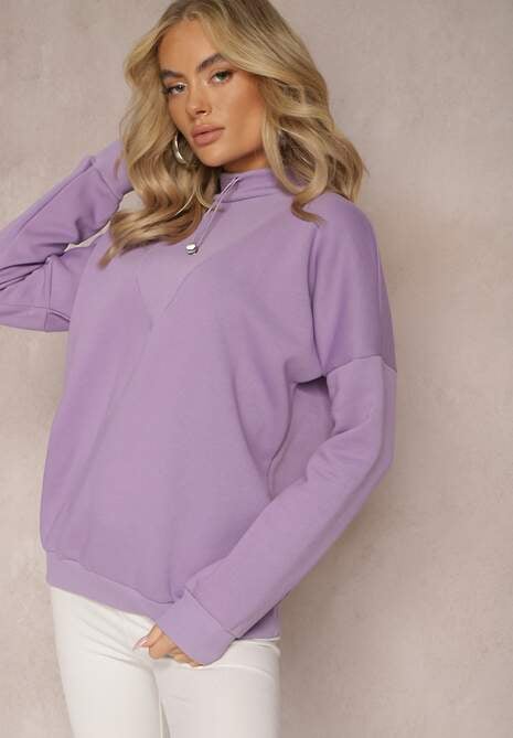 Jasnofioletowa Ocieplana Bluza Bawełniana z Półgolfem Heraia