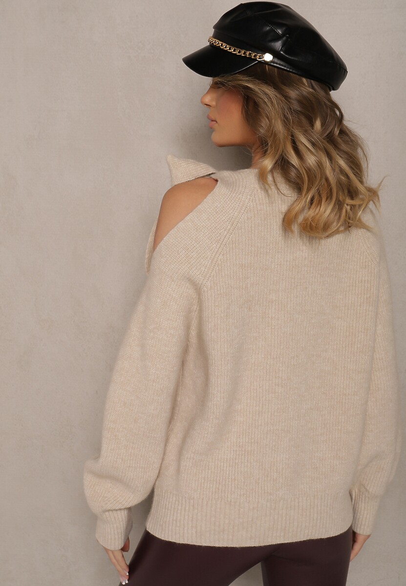 Beżowy Sweter z Ozdobnym Wiązaniem i Wycięciem na Ramieniu Eledi