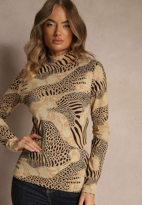 Beżowo-Czarna Bluzka Longsleeve z Bawełny z Półgolfem i Panterkowym Printem Unalla