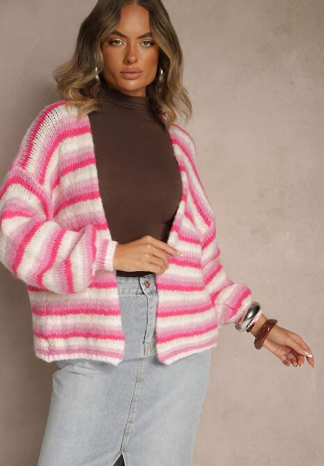 Fuksjowy Kardigan z Wełną i Wiskozą z Motywem Pasków Felorie