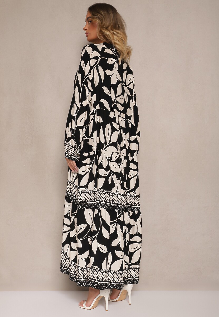 Czarna Wiskozowa Sukienka Koszulowa w Liście Lioelene