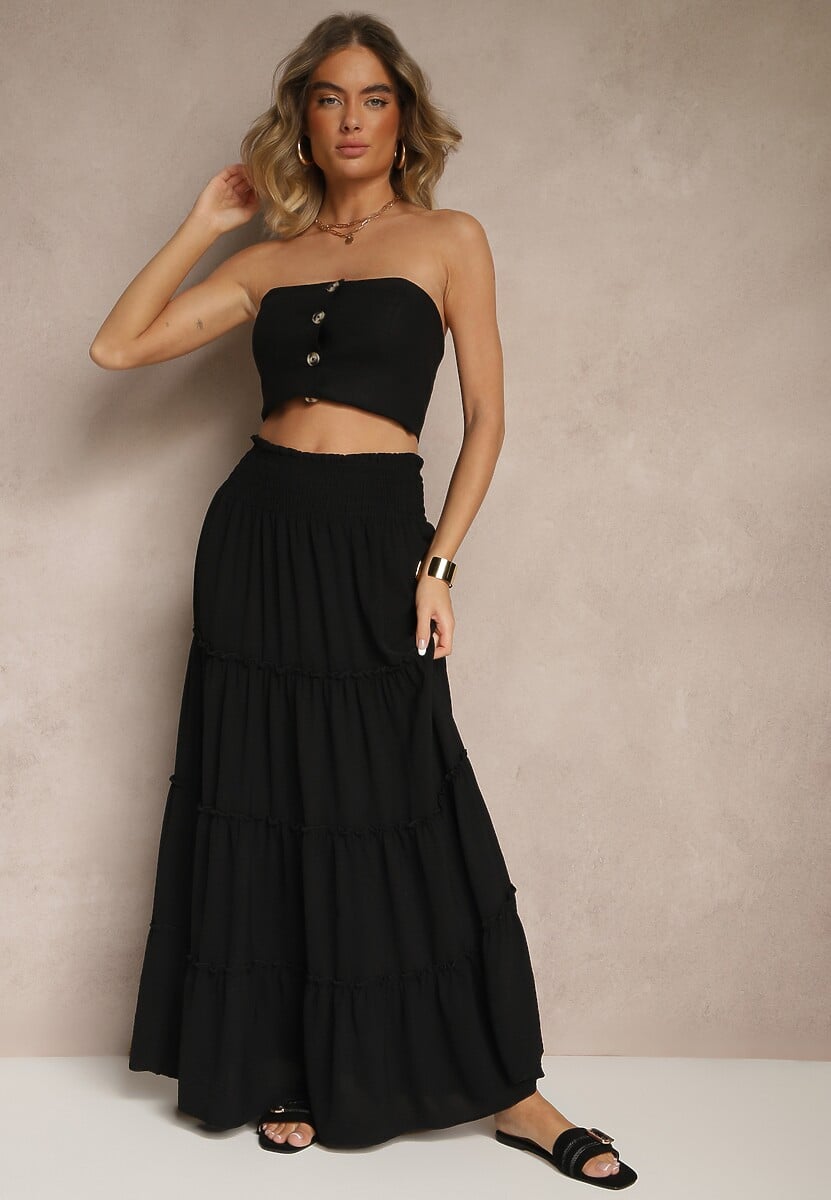 Czarna Rozkloszowana Spódnica z Gumką w Talii Zdobiona Falbanami Dovinelle